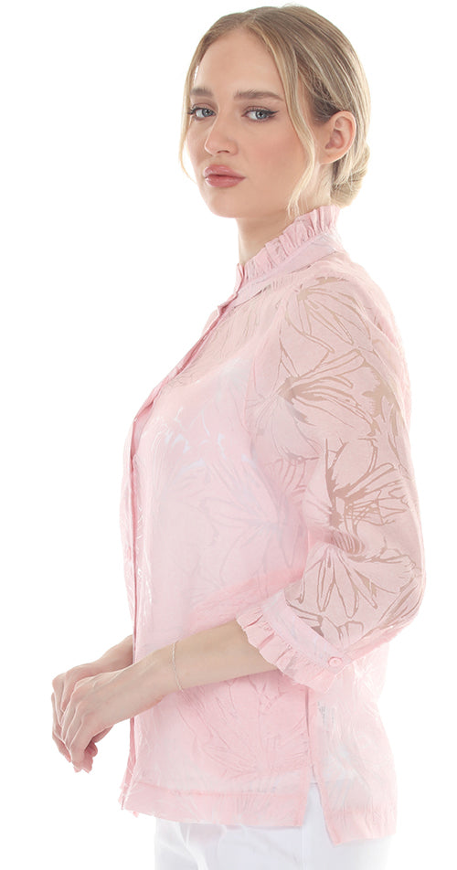 T4645 3/4 SLEEVE SHEER BUTTON DOWN BLOUSE WITH STAND UP COLLAR