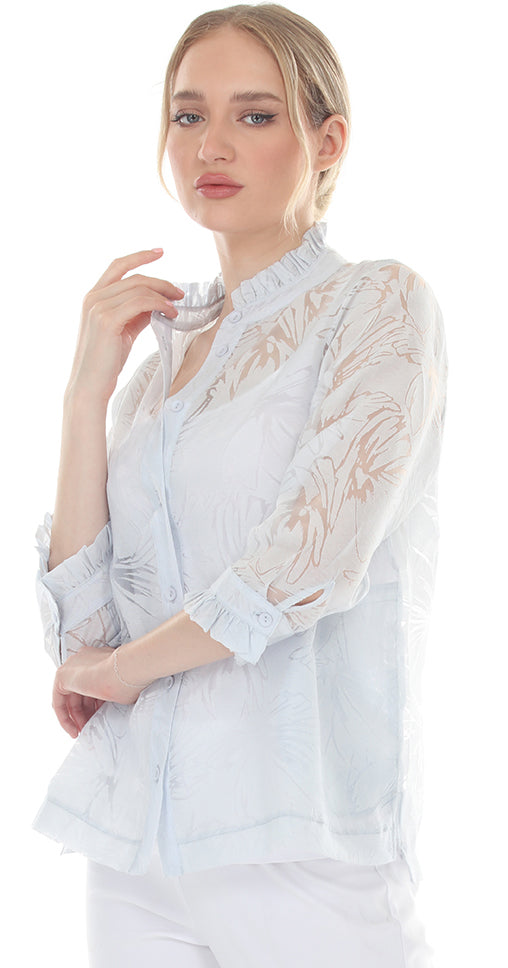 T4645 3/4 SLEEVE SHEER BUTTON DOWN BLOUSE WITH STAND UP COLLAR