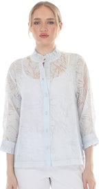 T4645 3/4 SLEEVE SHEER BUTTON DOWN BLOUSE WITH STAND UP COLLAR
