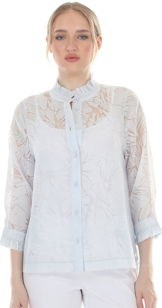 T4645 3/4 SLEEVE SHEER BUTTON DOWN BLOUSE WITH STAND UP COLLAR