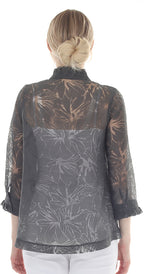 T4645 3/4 SLEEVE SHEER BUTTON DOWN BLOUSE WITH STAND UP COLLAR