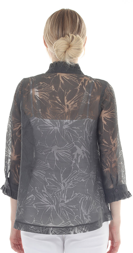 T4645 3/4 SLEEVE SHEER BUTTON DOWN BLOUSE WITH STAND UP COLLAR