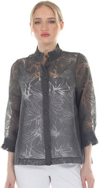 T4645 3/4 SLEEVE SHEER BUTTON DOWN BLOUSE WITH STAND UP COLLAR