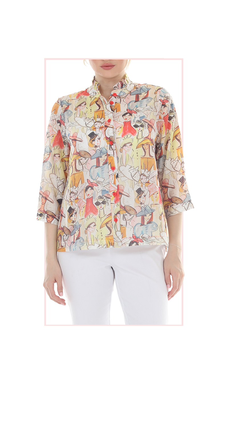 T4650 WOMENS BUTTON DOWN BLOUSE WITH CLASSIC COLLAR AND SEASONAL PRINT