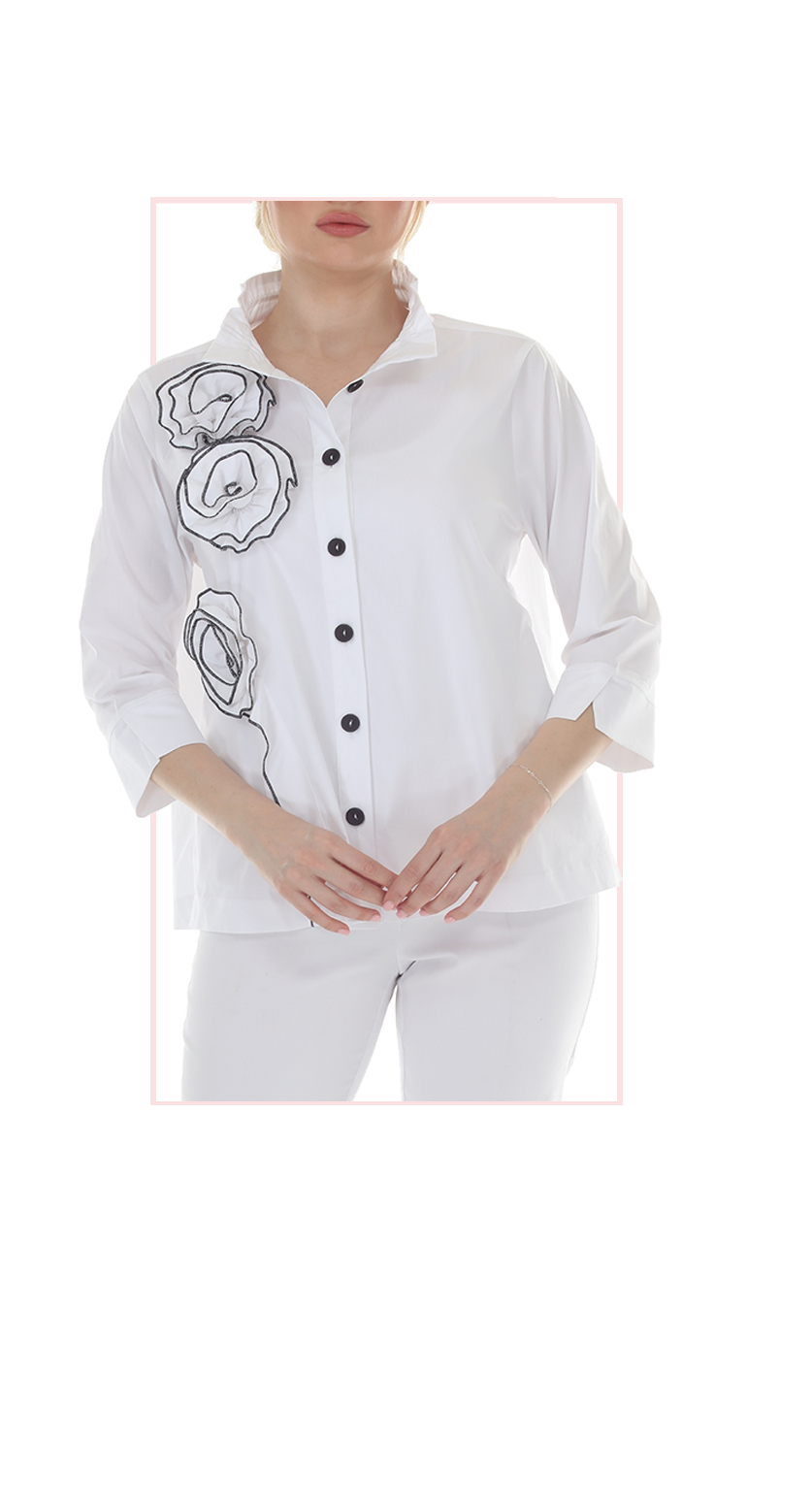 T4654 3/4 SLEEVE BUTTON DOWN BLOUSE WITH STAND UP COLLAR IN WHITE, LIME, OR MIDNIGHT WITH FLOWER APPLIQUE