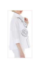 T4654 3/4 SLEEVE BUTTON DOWN BLOUSE WITH STAND UP COLLAR IN WHITE, LIME, OR MIDNIGHT WITH FLOWER APPLIQUE