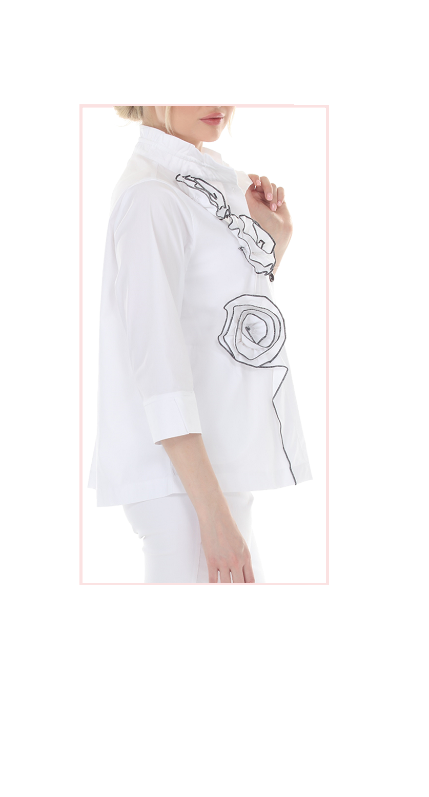 T4654 3/4 SLEEVE BUTTON DOWN BLOUSE WITH STAND UP COLLAR IN WHITE, LIME, OR MIDNIGHT WITH FLOWER APPLIQUE