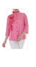 T4654 3/4 SLEEVE BUTTON DOWN BLOUSE WITH STAND UP COLLAR IN WHITE, LIME, OR MIDNIGHT WITH FLOWER APPLIQUE