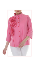 T4654 3/4 SLEEVE BUTTON DOWN BLOUSE WITH STAND UP COLLAR IN WHITE, LIME, OR MIDNIGHT WITH FLOWER APPLIQUE