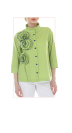 T4654 3/4 SLEEVE BUTTON DOWN BLOUSE WITH STAND UP COLLAR IN WHITE, LIME, OR MIDNIGHT WITH FLOWER APPLIQUE