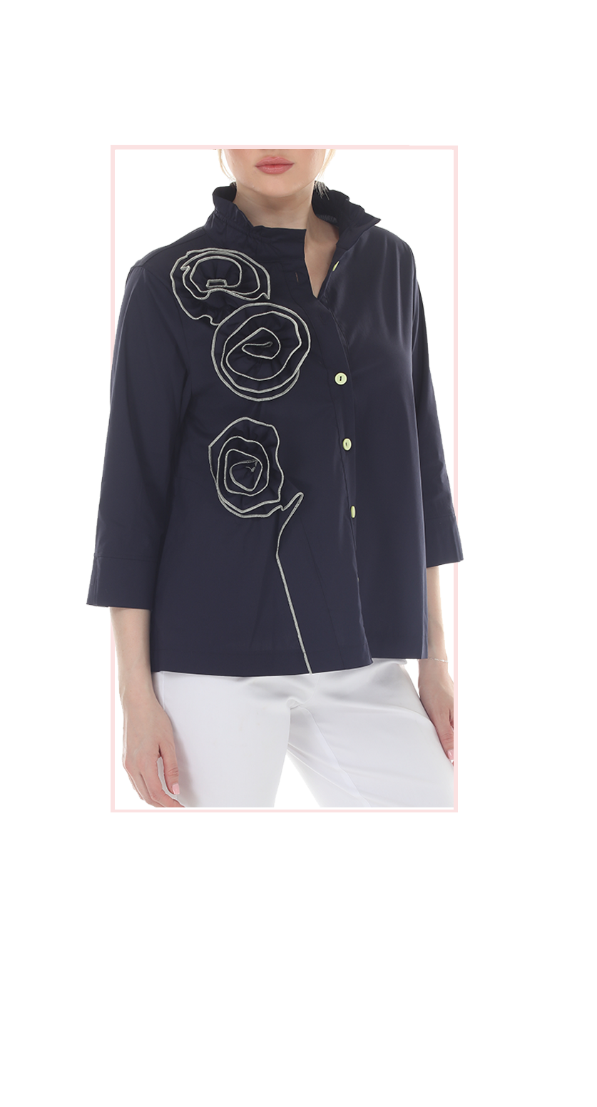 T4654 3/4 SLEEVE BUTTON DOWN BLOUSE WITH STAND UP COLLAR IN WHITE, LIME, OR MIDNIGHT WITH FLOWER APPLIQUE