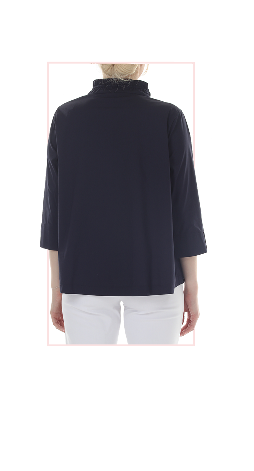 T4654 3/4 SLEEVE BUTTON DOWN BLOUSE WITH STAND UP COLLAR IN WHITE, LIME, OR MIDNIGHT WITH FLOWER APPLIQUE