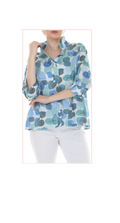 T4655 3/4 SLEEVE BUTTON DOWN LADIES BLOUSE WITH CLASSIC COLLAR AND BLUE PRINT