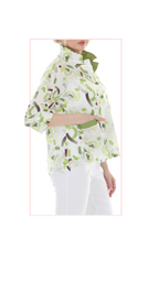 T4656 3/4 SLEEVE BUTTON DOWN BLOUSE WITH STANDUP COLLAR AND COLORFUL PRINT