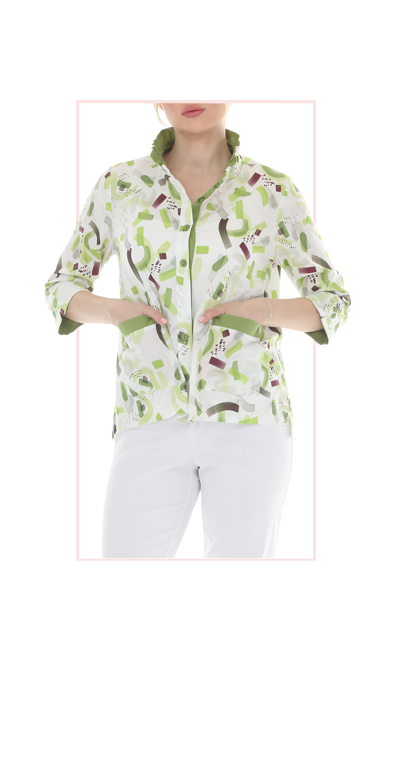 T4656 3/4 SLEEVE BUTTON DOWN BLOUSE WITH STANDUP COLLAR AND COLORFUL PRINT