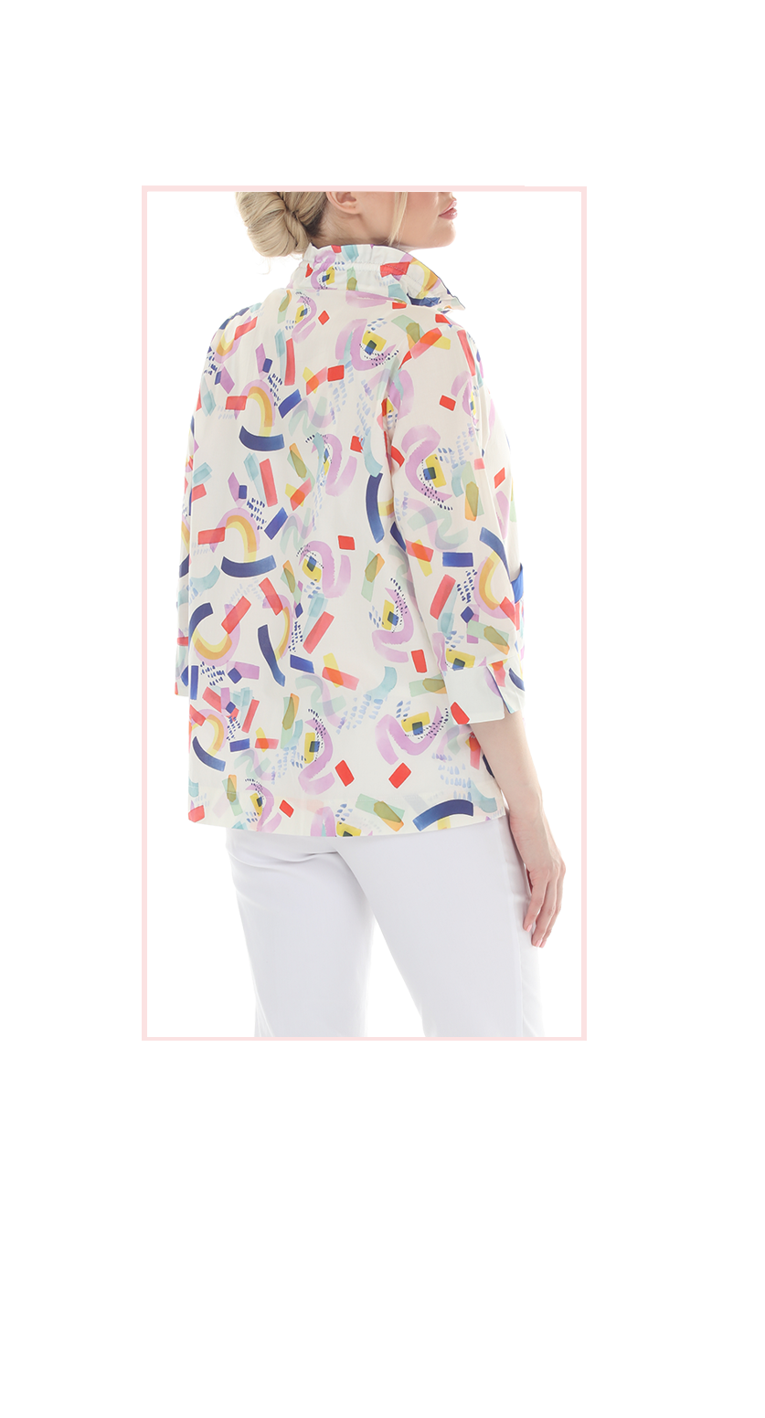 T4656 3/4 SLEEVE BUTTON DOWN BLOUSE WITH STANDUP COLLAR AND COLORFUL PRINT