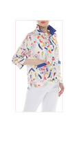 T4656 3/4 SLEEVE BUTTON DOWN BLOUSE WITH STANDUP COLLAR AND COLORFUL PRINT