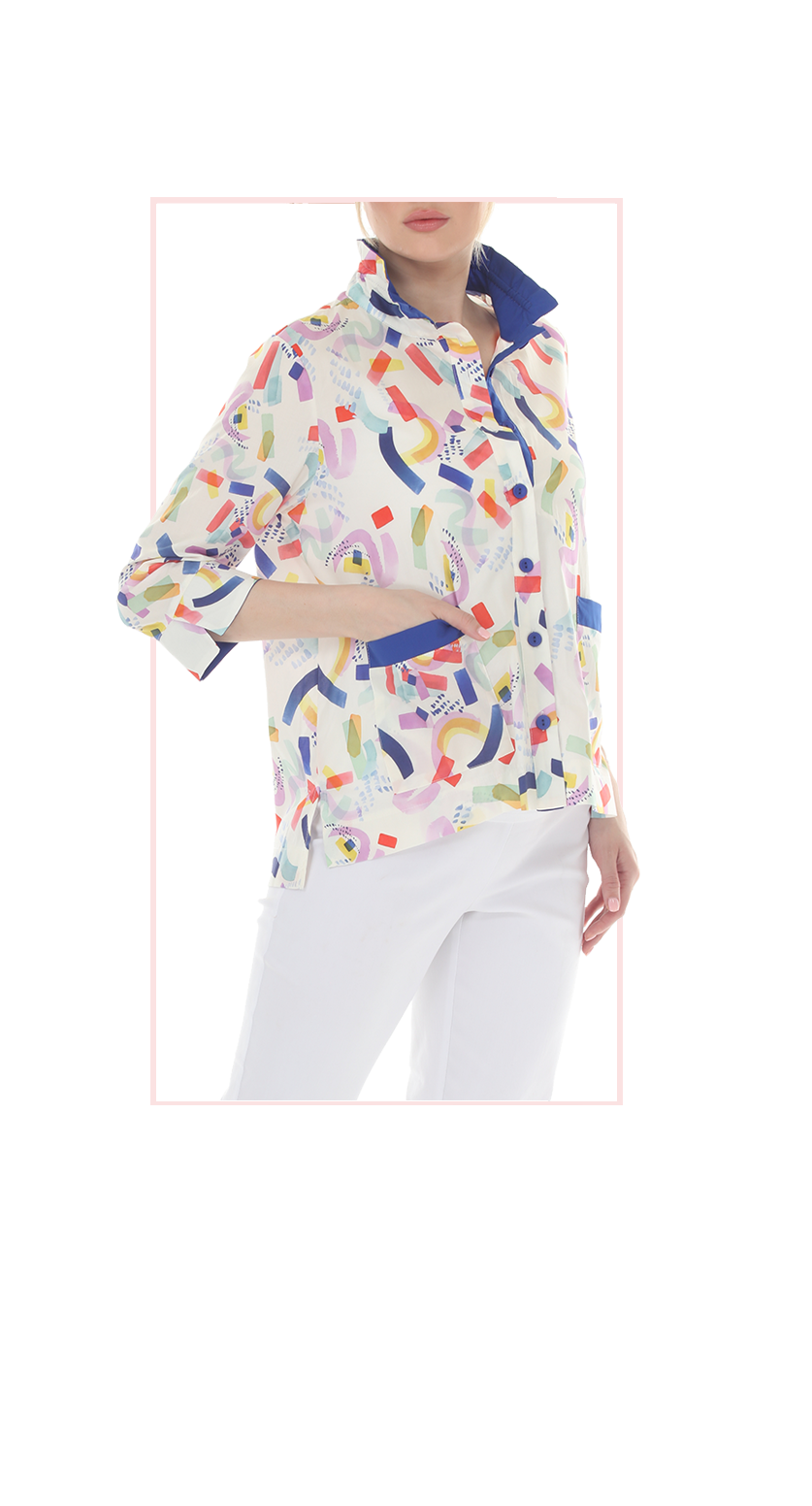 T4656 3/4 SLEEVE BUTTON DOWN BLOUSE WITH STANDUP COLLAR AND COLORFUL PRINT