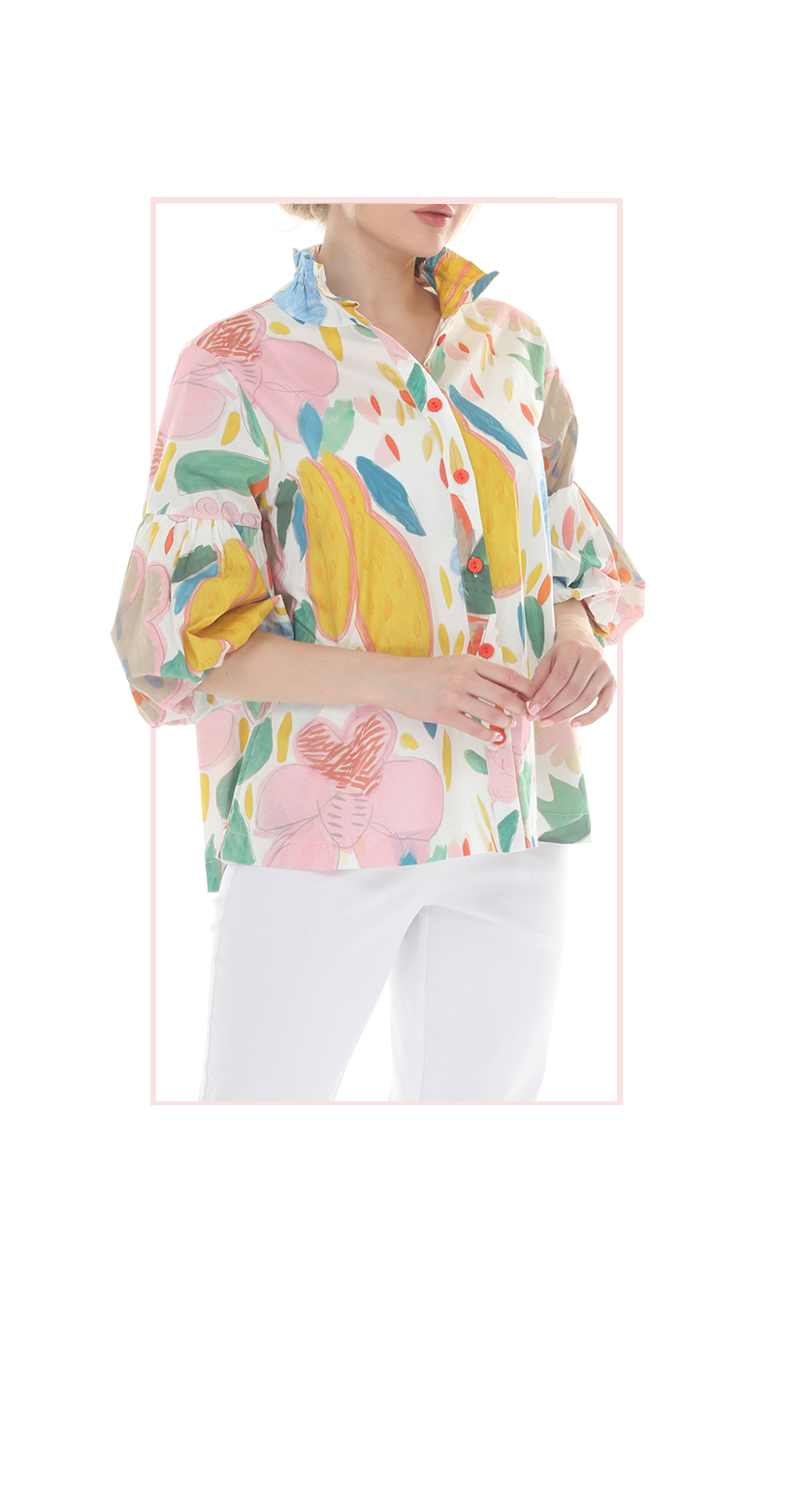 T4658 3/4 SLEEVE BUTTONDOWN BLOUSE WITH STAND-UP COLLAR AND COLORFUL PRINT
