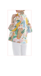 T4658 3/4 SLEEVE BUTTONDOWN BLOUSE WITH STAND-UP COLLAR AND COLORFUL PRINT