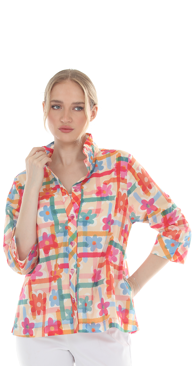 T4660 3/4 SLEEVE BUTTON DOWN BLOUSE WITH COLORFUL PRINT AND CLASSIC COLLAR