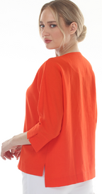 T4661 3/4 SLEEVE BUTTON DOWN BLOUSE WITH ROUND NECKLINE IN RED/ORANGE, PINK, OR GREEN