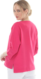T4661 3/4 SLEEVE BUTTON DOWN BLOUSE WITH ROUND NECKLINE IN RED/ORANGE, PINK, OR GREEN