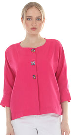 T4661 3/4 SLEEVE BUTTON DOWN BLOUSE WITH ROUND NECKLINE IN RED/ORANGE, PINK, OR GREEN