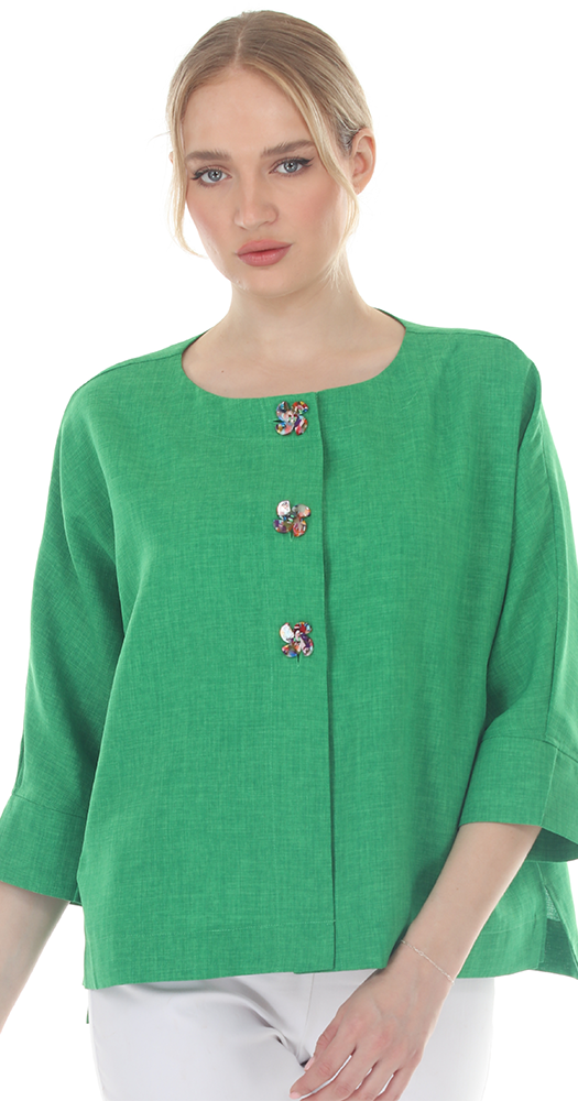 T4661 3/4 SLEEVE BUTTON DOWN BLOUSE WITH ROUND NECKLINE IN RED/ORANGE, PINK, OR GREEN