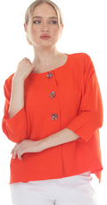 T4661 3/4 SLEEVE BUTTON DOWN BLOUSE WITH ROUND NECKLINE IN RED/ORANGE, PINK, OR GREEN