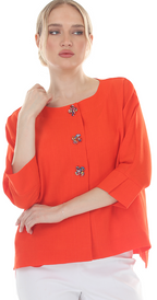T4661 3/4 SLEEVE BUTTON DOWN BLOUSE WITH ROUND NECKLINE IN RED/ORANGE, PINK, OR GREEN