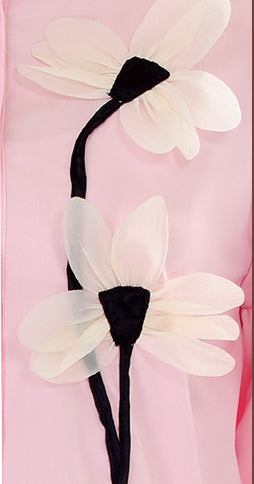 T4663 3/4 SLEEVE BUTTON DOWN BLOUSE WITH STAND UP COLLAR AND FLOWER APPLIQUE IN LIGHT PINK, LIGHT BLUE, OR LIME GREEN.