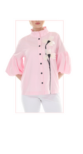 T4663 3/4 SLEEVE BUTTON DOWN BLOUSE WITH STAND UP COLLAR AND FLOWER APPLIQUE IN LIGHT PINK, LIGHT BLUE, OR LIME GREEN.