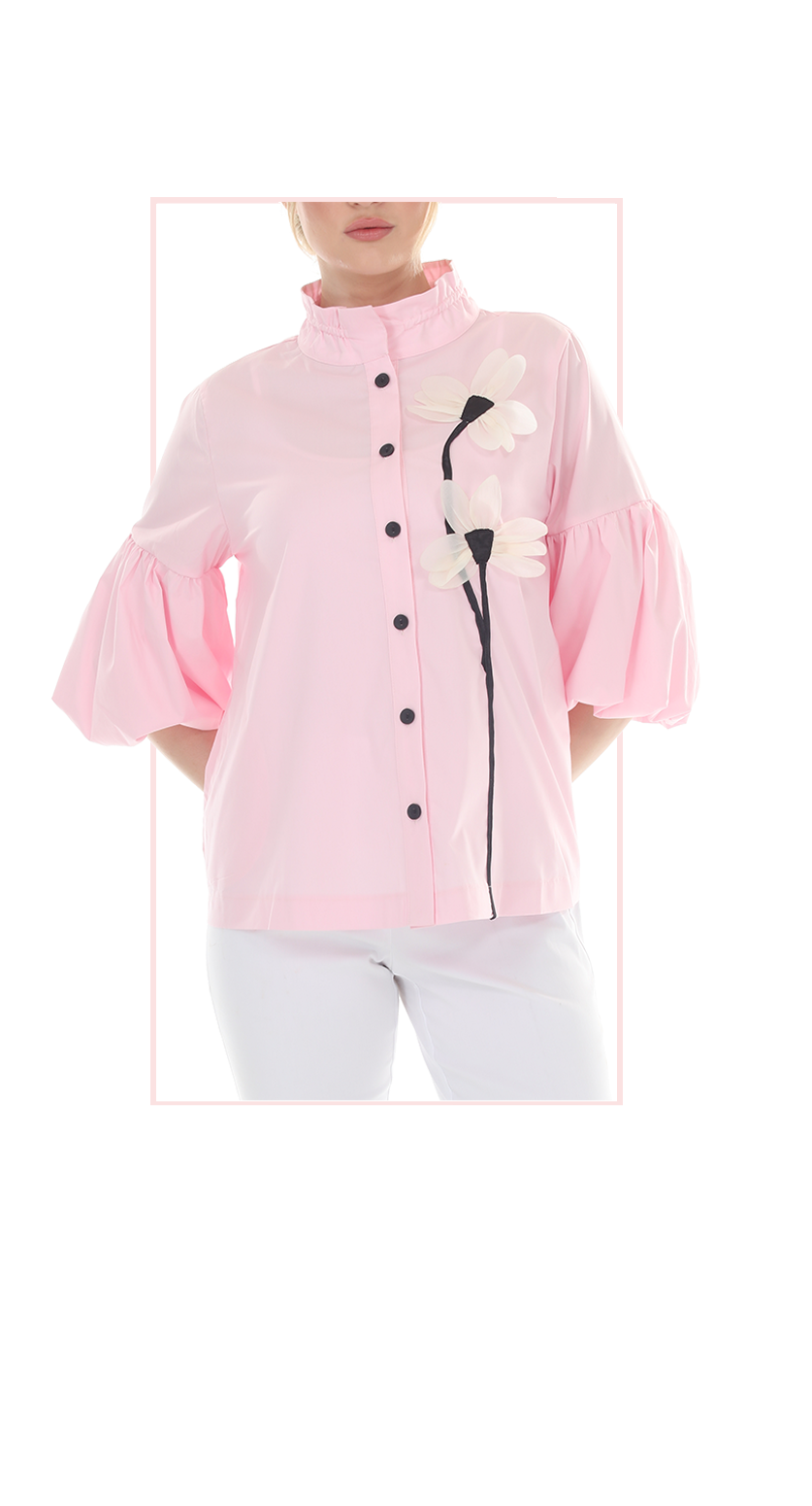 T4663 3/4 SLEEVE BUTTON DOWN BLOUSE WITH STAND UP COLLAR AND FLOWER APPLIQUE IN LIGHT PINK, LIGHT BLUE, OR LIME GREEN.