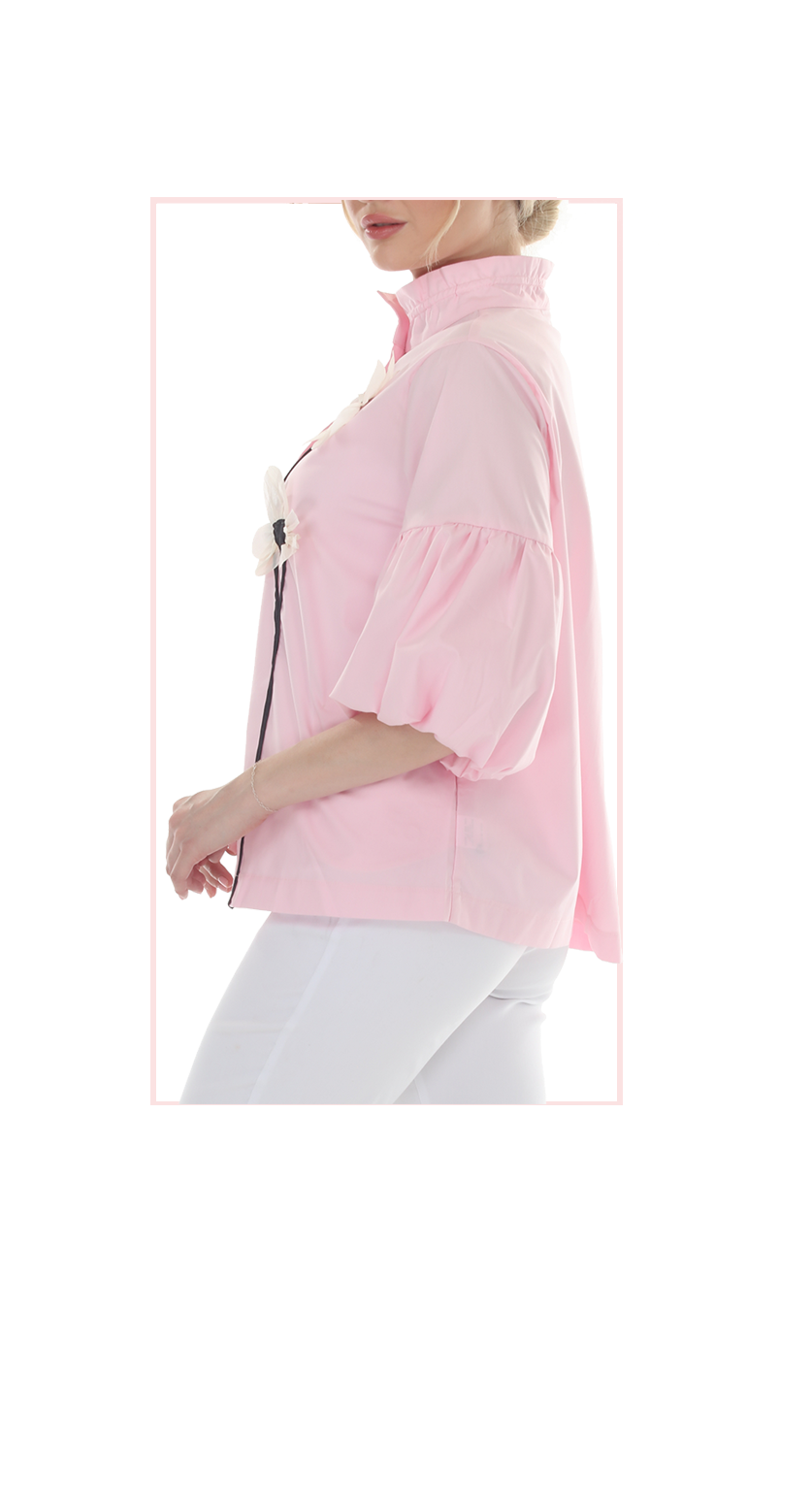 T4663 3/4 SLEEVE BUTTON DOWN BLOUSE WITH STAND UP COLLAR AND FLOWER APPLIQUE IN LIGHT PINK, LIGHT BLUE, OR LIME GREEN.
