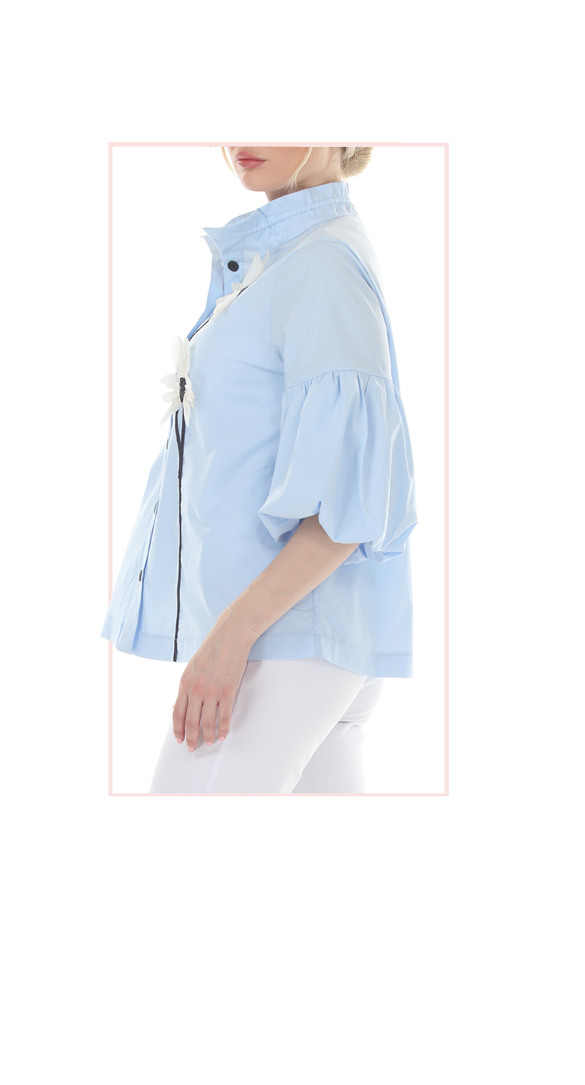 T4663 3/4 SLEEVE BUTTON DOWN BLOUSE WITH STAND UP COLLAR AND FLOWER APPLIQUE IN LIGHT PINK, LIGHT BLUE, OR LIME GREEN.