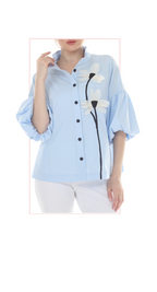 T4663 3/4 SLEEVE BUTTON DOWN BLOUSE WITH STAND UP COLLAR AND FLOWER APPLIQUE IN LIGHT PINK, LIGHT BLUE, OR LIME GREEN.