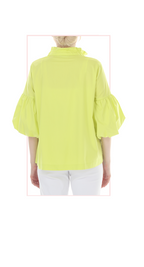 T4663 3/4 SLEEVE BUTTON DOWN BLOUSE WITH STAND UP COLLAR AND FLOWER APPLIQUE IN LIGHT PINK, LIGHT BLUE, OR LIME GREEN.