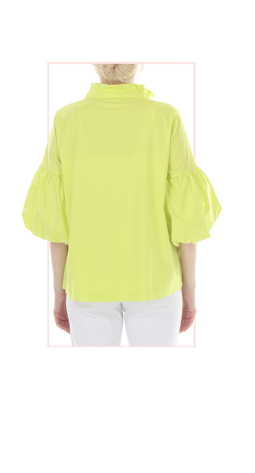 T4663 3/4 SLEEVE BUTTON DOWN BLOUSE WITH STAND UP COLLAR AND FLOWER APPLIQUE IN LIGHT PINK, LIGHT BLUE, OR LIME GREEN.