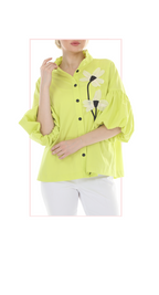 T4663 3/4 SLEEVE BUTTON DOWN BLOUSE WITH STAND UP COLLAR AND FLOWER APPLIQUE IN LIGHT PINK, LIGHT BLUE, OR LIME GREEN.