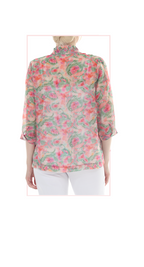T4664 Womens semi-sheer floral print blouse with 3/4 sleeves and a ruffled stand-up collar