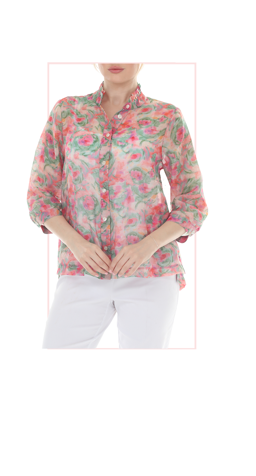 T4648 3/4 SLEEVE  BUTTON DOWN BLOUSE WITH SEASONAL PRINT