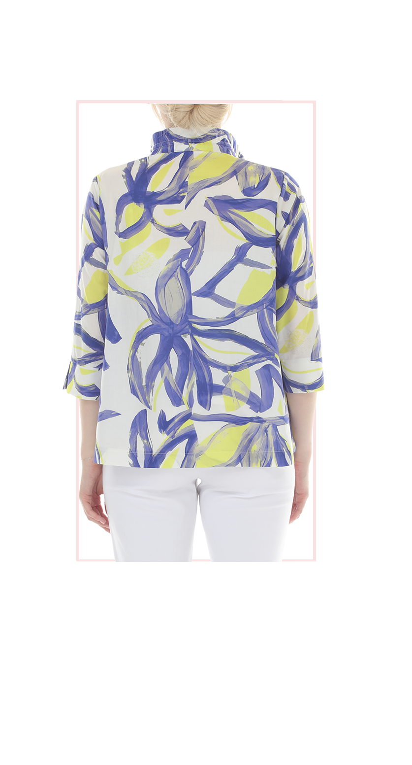 T4666 White 3/4 Sleeve button down blouse with classic collar and blue and yelow print