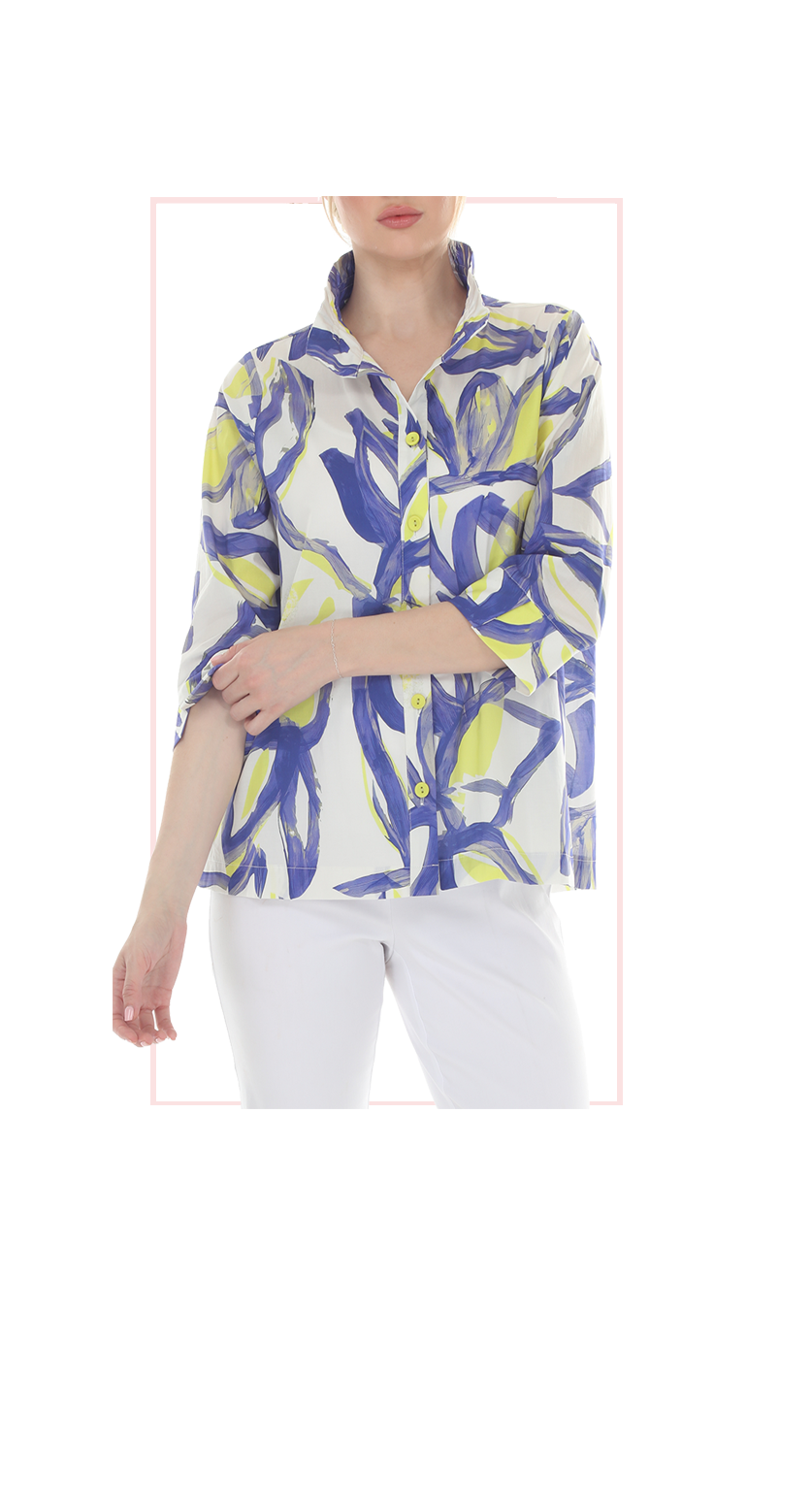 T4666 White 3/4 Sleeve button down blouse with classic collar and blue and yelow print