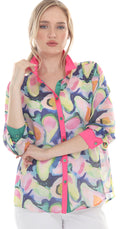 T4671 3/4 sleeve button down classic collar blouse with festive avacado print