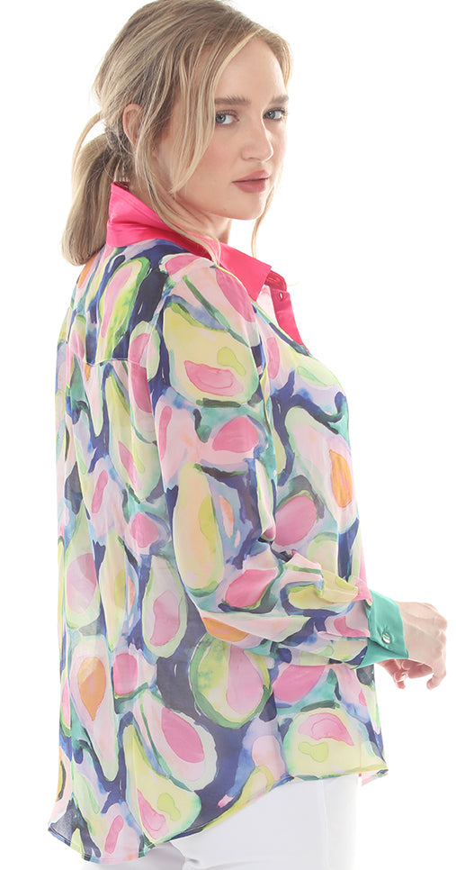 T4671 3/4 sleeve button down classic collar blouse with festive avacado print