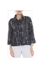 T4684  BLACK BUTTON DOWN 3/4 SLEEVE JACKET WITH CLASSIC COLLAR AND WHITE PAINT SPLATTER PRINT
