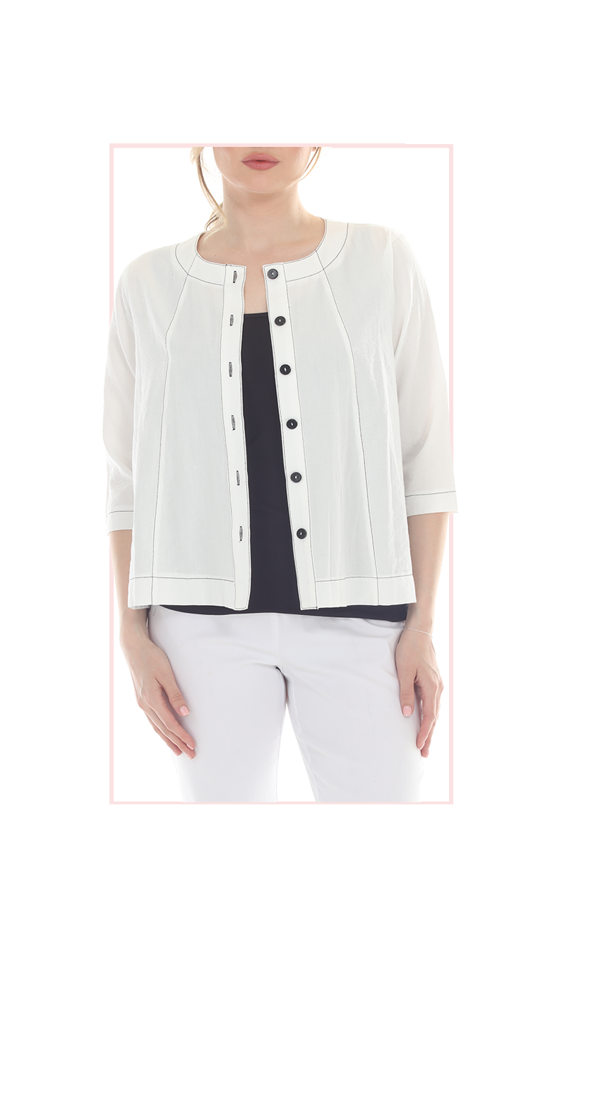 T4685 Cropped jacket or cardigan with a round neckline, 3/4 length sleeves, and contrast stitching along the seams and hem.