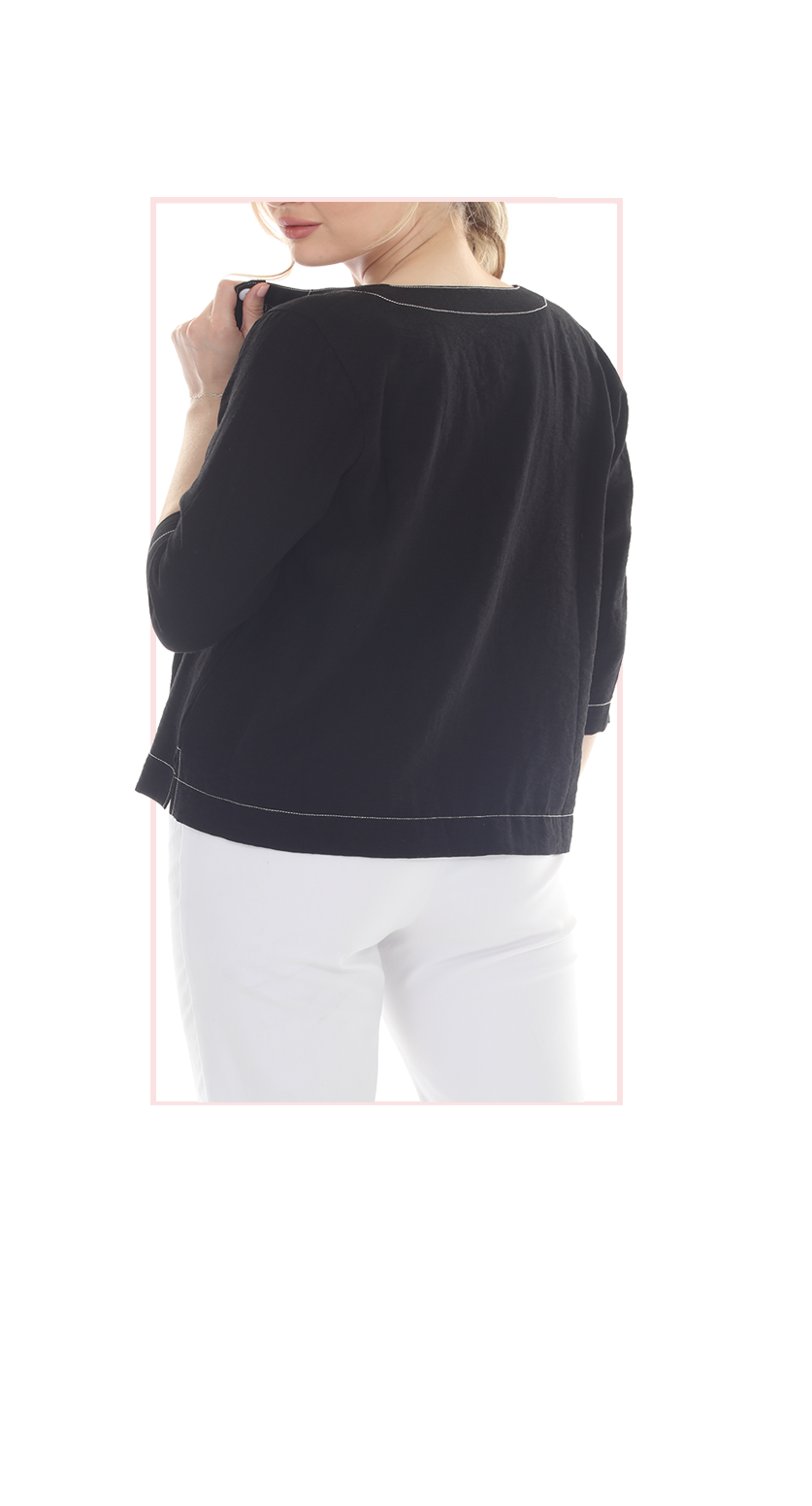 T4685 Cropped jacket or cardigan with a round neckline, 3/4 length sleeves, and contrast stitching along the seams and hem.