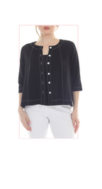 T4685 Cropped jacket or cardigan with a round neckline, 3/4 length sleeves, and contrast stitching along the seams and hem.